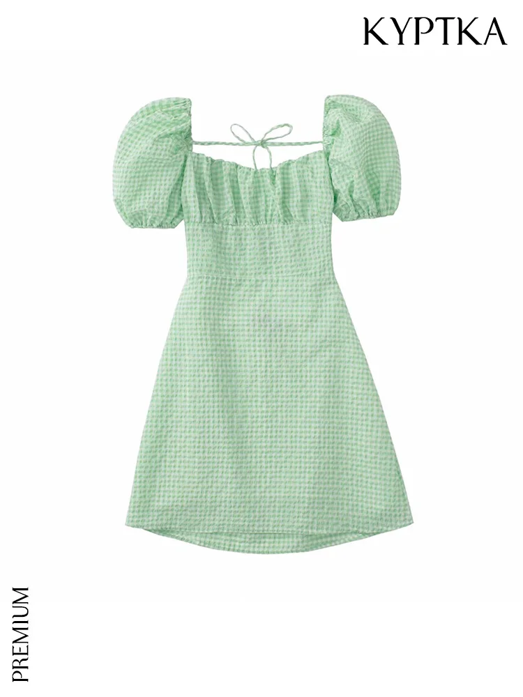 

KYPTKA Women Fashion Textured Gingham Mini Dress Vintage Puff Sleeves Backless With Tied Female Dresses Vestidos Mujer