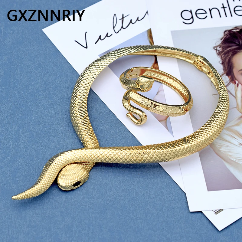 

Fashion Gold Color Snake Necklace and Bracelet Set for Women Accessories Exaggerate Choker Jewelry Sets Punk Bangle Party Gifts