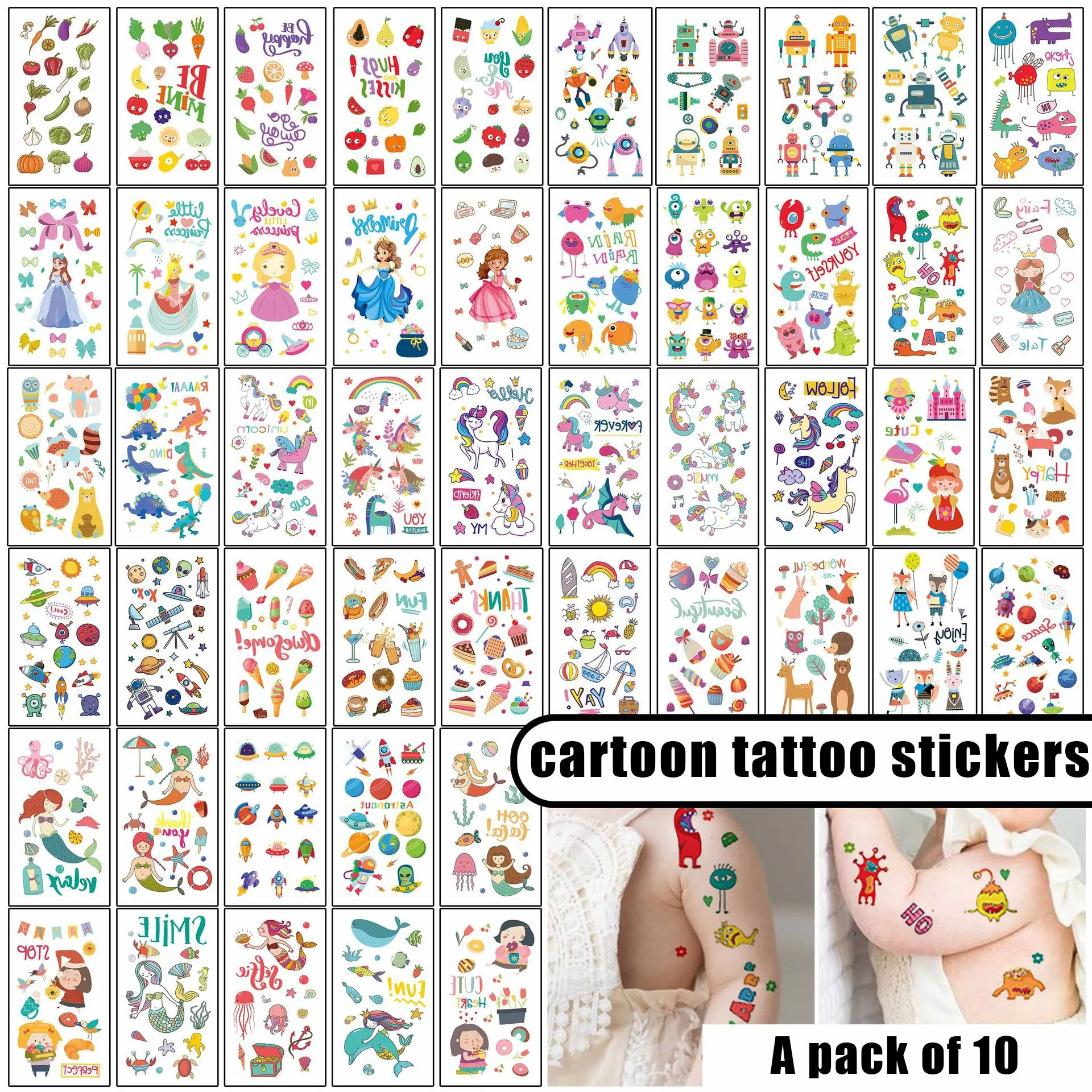 

10 Pack Fake Tattoo Stickers Cartoon Temporary Tattoos Kids Arms DIY Body Art Cartoon Collection Mermaid Unicorn Animals