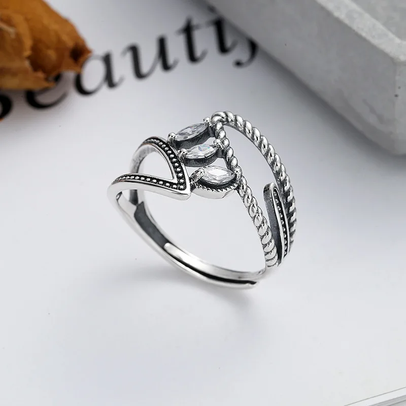 

925 Sterling Silver Ring Women's Vintage Style Cubic Zirconia Multilayer Open Adjustment Couple Engagement Finger Rings Jewelry
