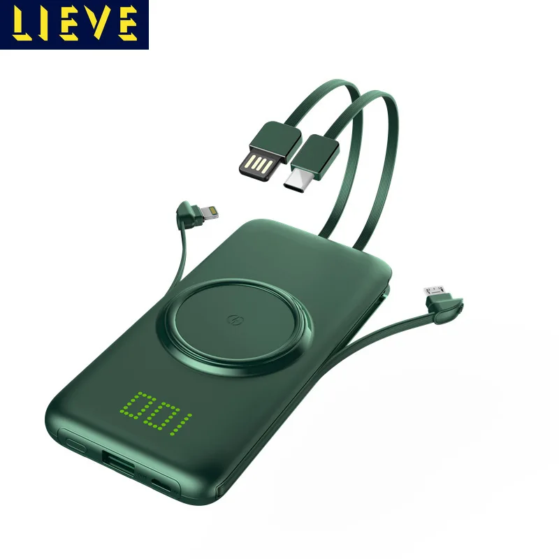 

20000mAh Wireless Power Bank Powerbank 10000mAh Powered LED Display Portable Charger External Battery With Four Cable