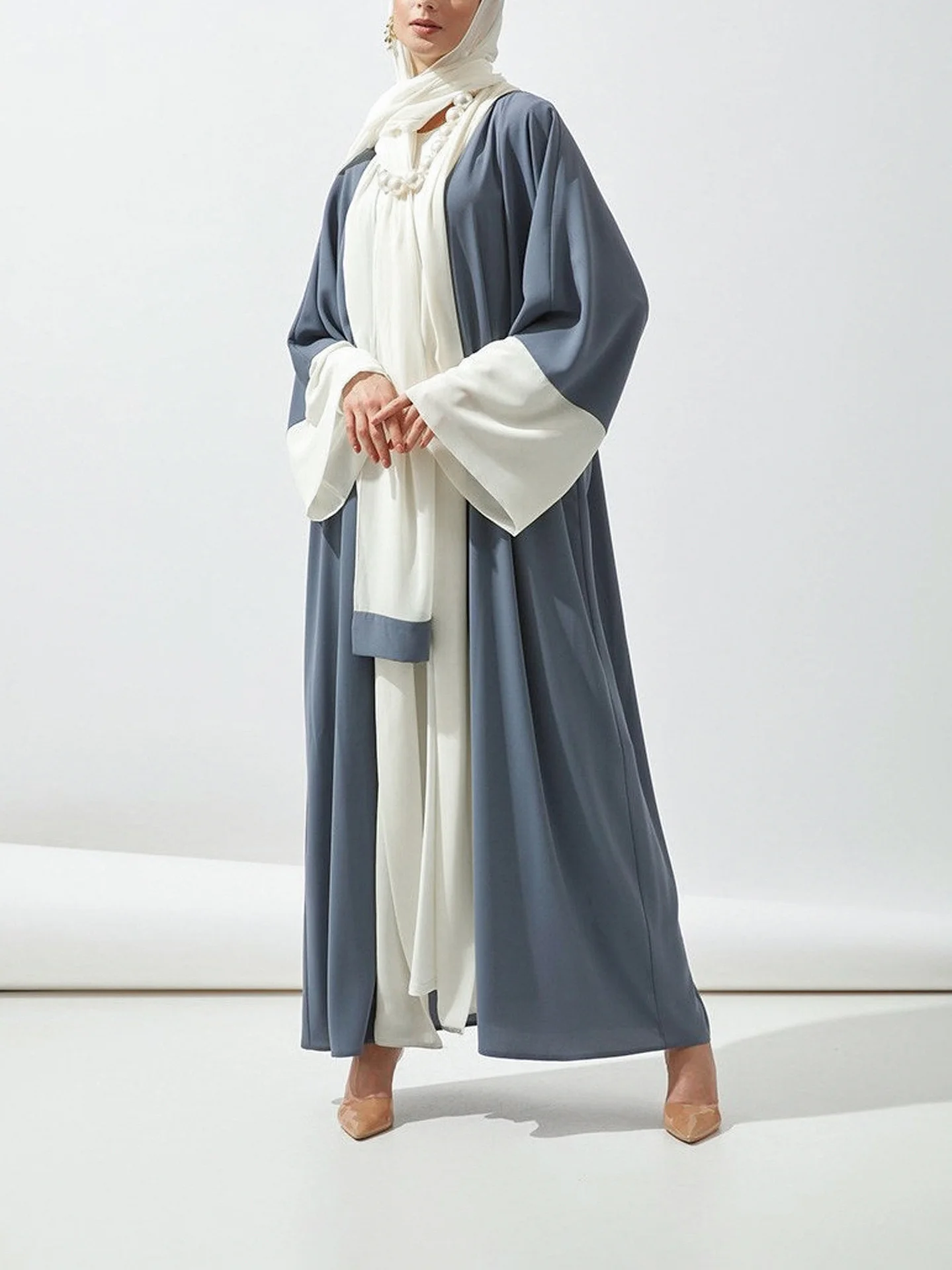Fashion Opened Muslim Dresses Abaya For Women With Hajib Elegant Patchwork Cardigan Flare Sleeve Dubai Türkiye Islamic Clothing