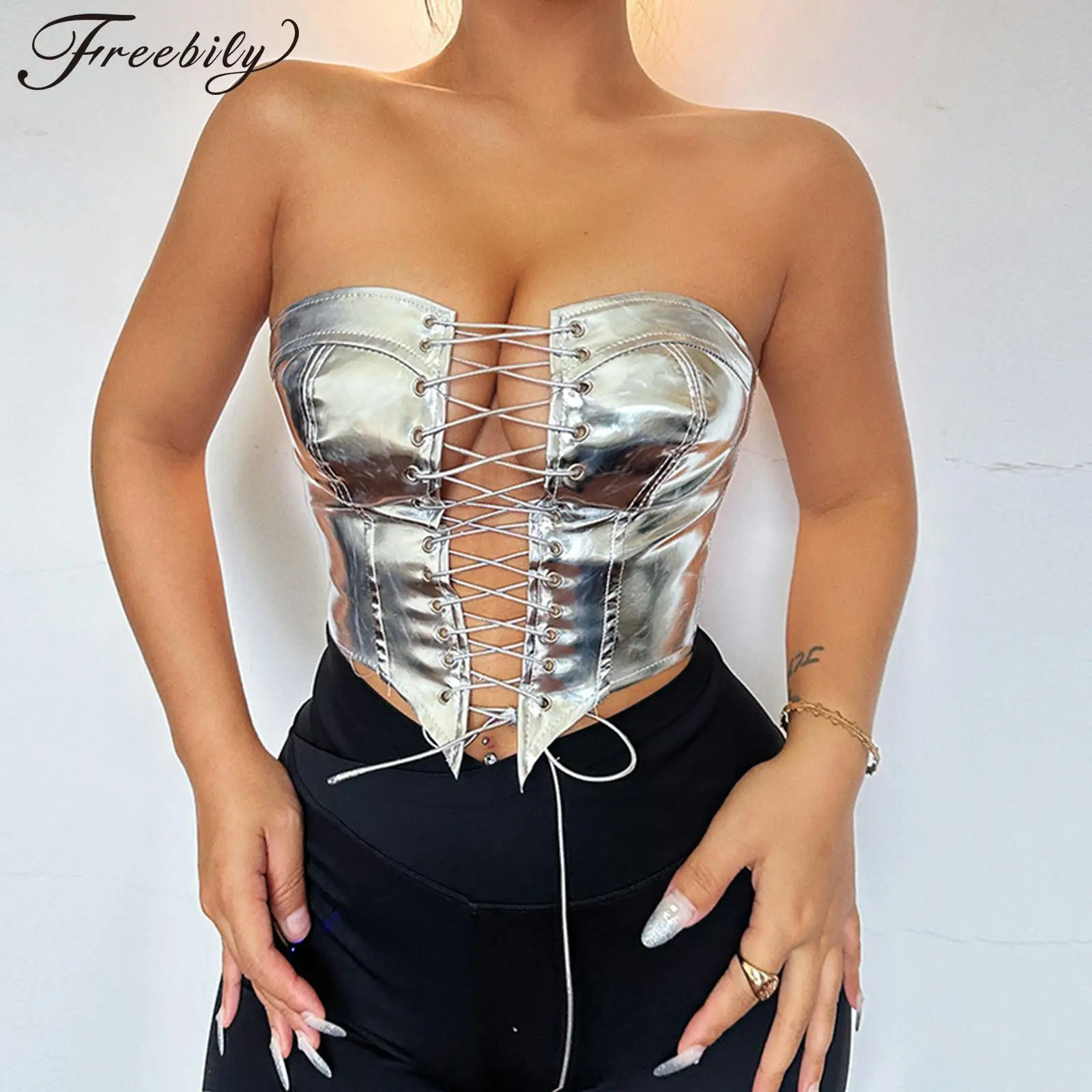 

Womens Fashion Lace-Up Strapless Bustier Top Metallic Shiny Patent Leather Crop Top for Raves Party Carnival Music Festival