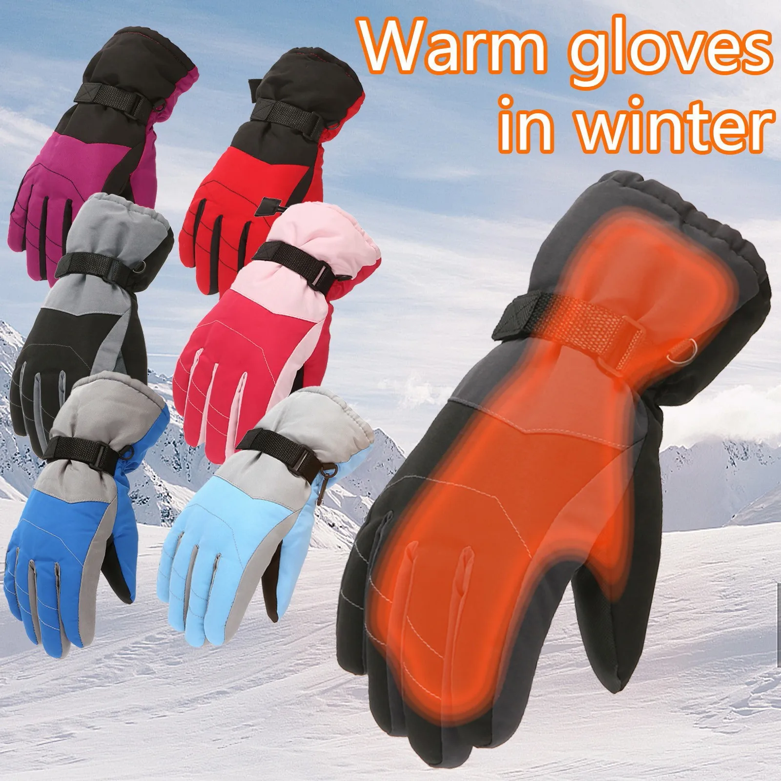 

Children Boys Girls Snowmobile Winter Warm Ski Gloves Sports Waterproof Windproof Snow Mitten Adjustable Ski Strap Skiing Gloves