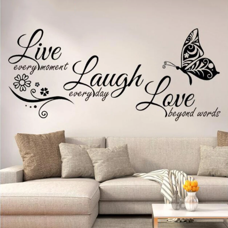 Modern Live Laugh Love Butterfly Flower Wall Art Wall Decals Quotes Vinyls Stickers Wandtattoo Home Decor Living Room