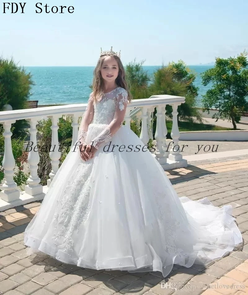 

FDY Store Vintage Sheer Jewel Lace Appliques Tulle First Communion Dress Ball Gown Long Sleeve Flower Girl Dresses With Pearls