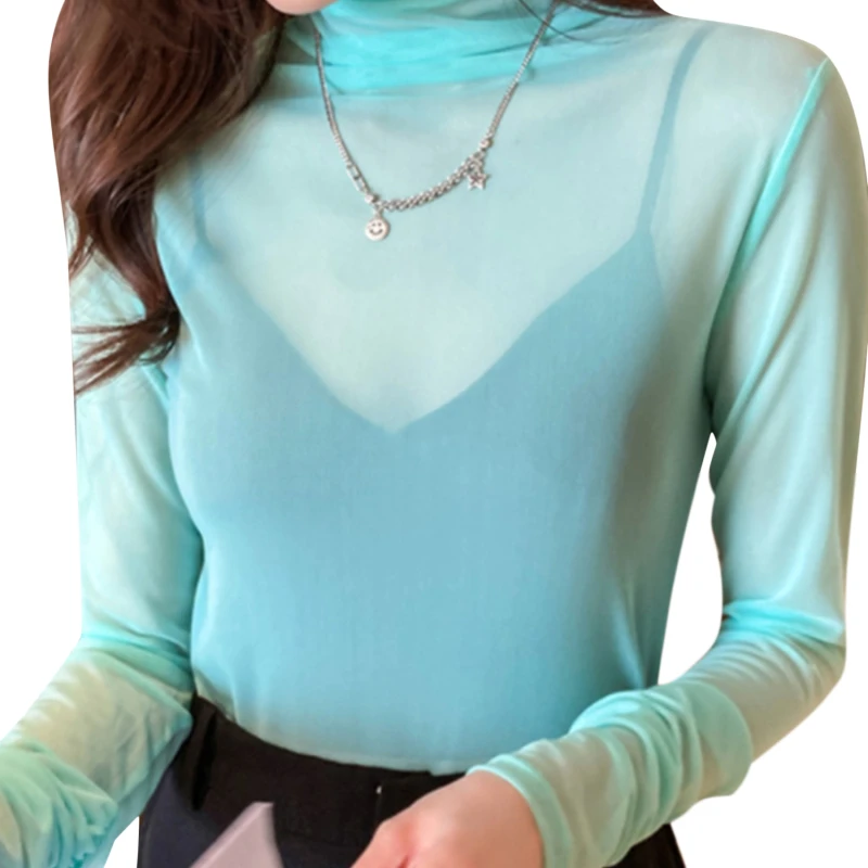 

Summer Girls Colorful Mesh T-Shirts Tees Female Transparent Long Sleeve Turtleneck Thin Tshirt Tops Women Spring Fall 2022