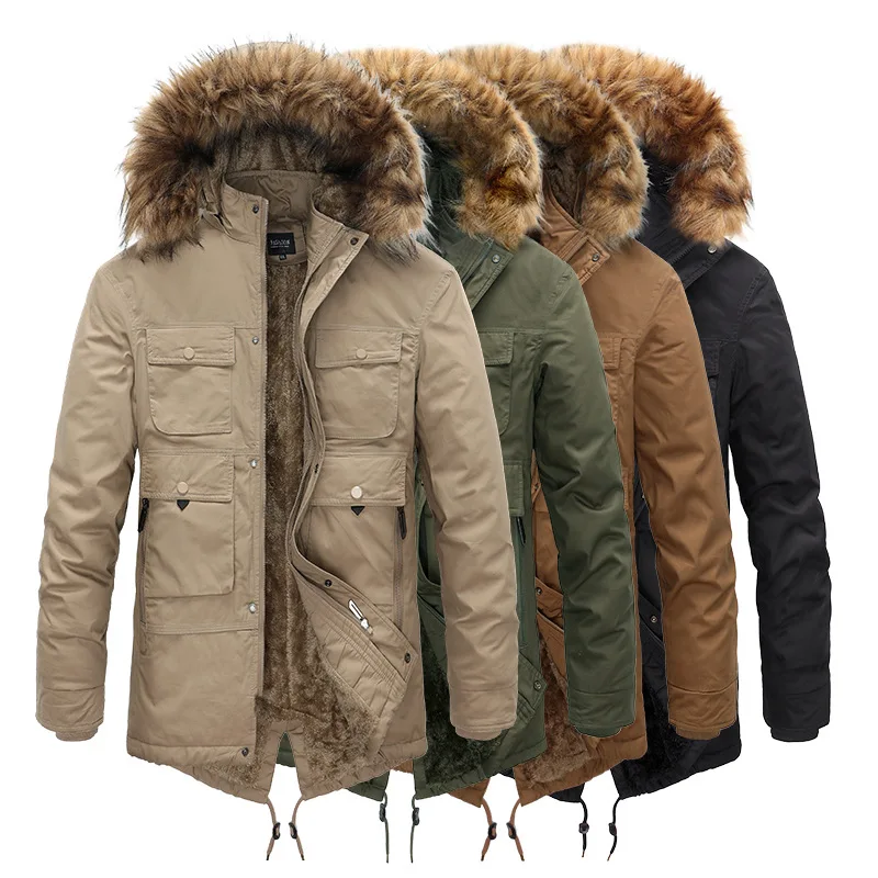 Warm Winter Parkas Men Fleece Hooded Men's Thick Mens Outdoor Cotton Padded Jackets Coat Hat Detachable Windproof Jackets Coats