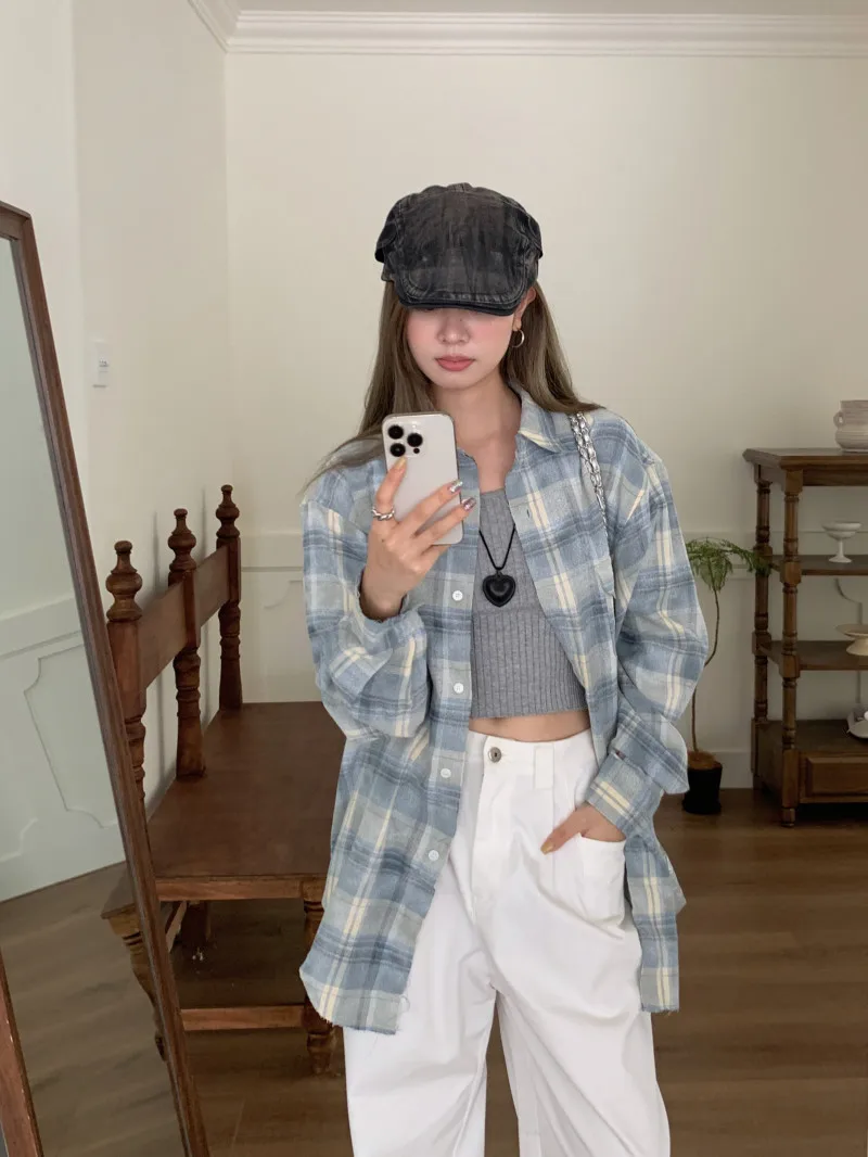 Корейская серия клетчатые рубашки с длинными рукавами женские осенние