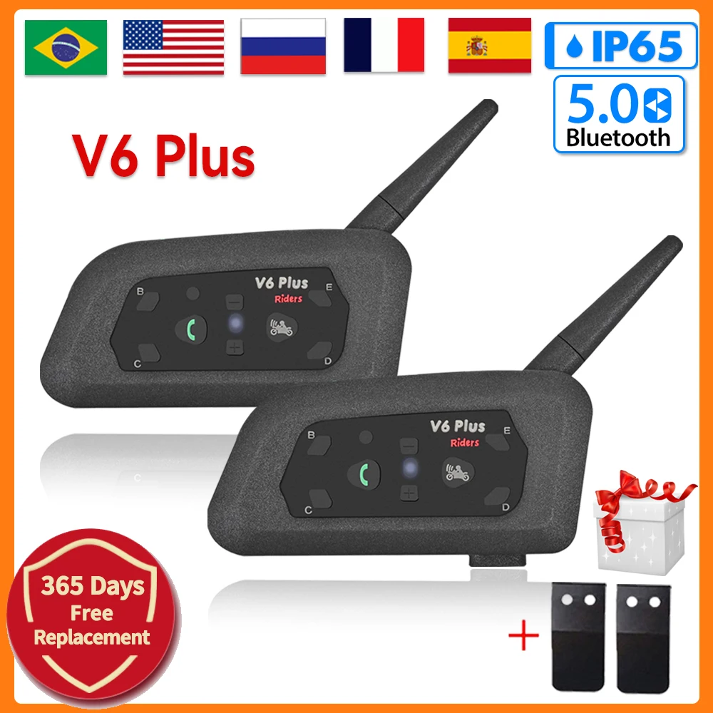 V6 PLUS Motorcycle Helmet Intercom Bluetooth5.0 Headset with 6 Riders Interphone Communicator Skiing Referee Intercom Waterproof