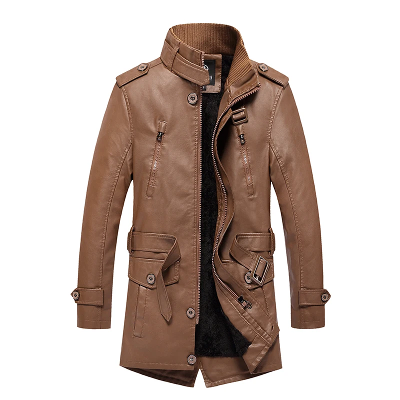 Joobox 2022 Winter Men Faux  Leather Trench Coat Zip-up Belted Waist Flap Patch Pockets Parkas with Faux Shearling Lining