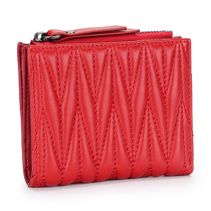 URBAN MASTER Sheepskin Pleated Wallet for Women Fashion Embroidered Genuine Leather Short Female Zipper Coin Purses Card Holder