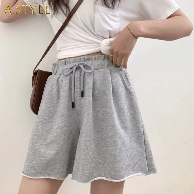 A GIRLS Shorts Womens Summer Elastic Waist Drawstring Wide Leg Solid Motion Comfy Soft Lounge Loose Casual Chic Hot Korean