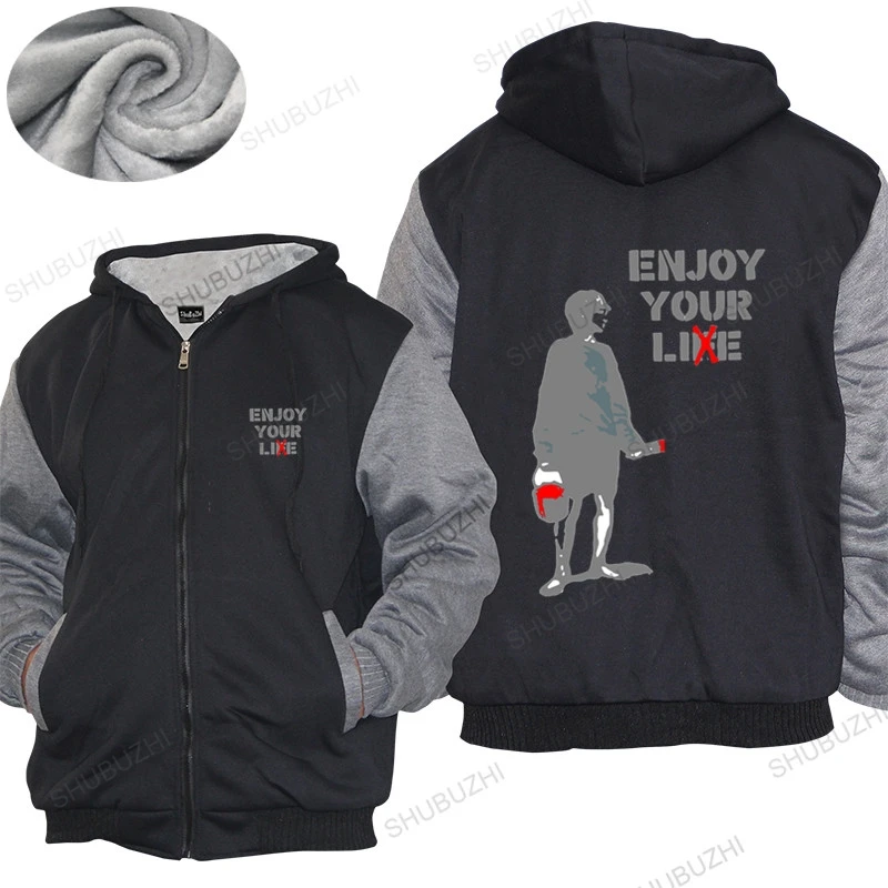 

Men hoodies winter Brand warm coat Banksy Enjoy Your Life 'Living A lie' London Street Art Mens warm coat Fleece hoody Mens