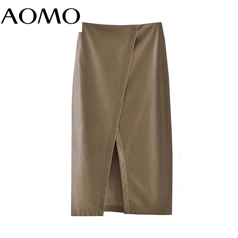 

AOMO 2021 New Women Solid Faux Leather Pencil Midi Skirt Vintage Zipper Ladies Chic Mid Calf Skirts 3H904A
