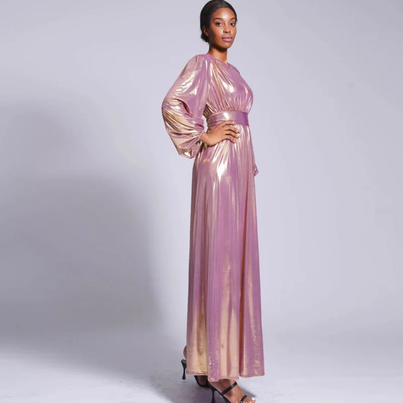 Muslim Fashion Women's Solid Large Lantern Sleeve Dress Shiny Elastic Lace Up Long Dress Abaya Dubai Robe Femme Musulmane Modest