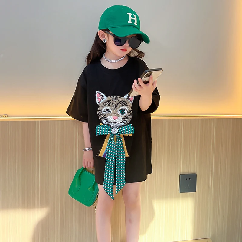 

Summer Girls Long T Shirt Baby Tee Dress Kids Tops Children Streetwear Clothes Fashion Cartoon Cat Faux Crystal Cotton 5-13Y