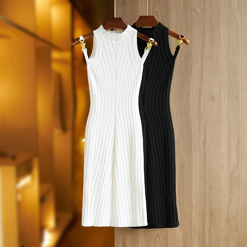 Top Quality New Summer Sleeveless Skinny Women Tank Knitted Dress Black and White Sheath Casual Female Clothing