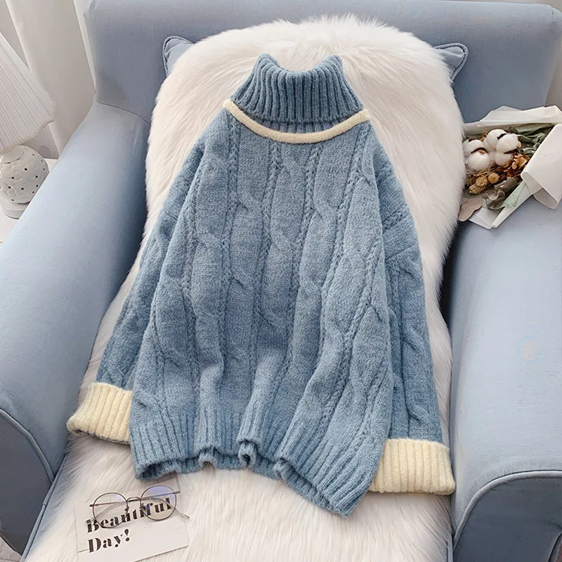 

Женский вязаный свитер EBAIHUI, однотонный пуловер с длинным рукавом и высоким воротником, плотный свитер, Осень-зима 2022