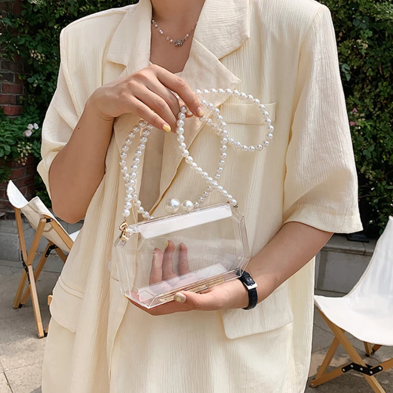 

Модная прозрачная акриловая коробка, вечерние клатчи, сумки, женская цепочка с жемчугом, роскошная брендовая сумка-мессенджер, кошельки и с...