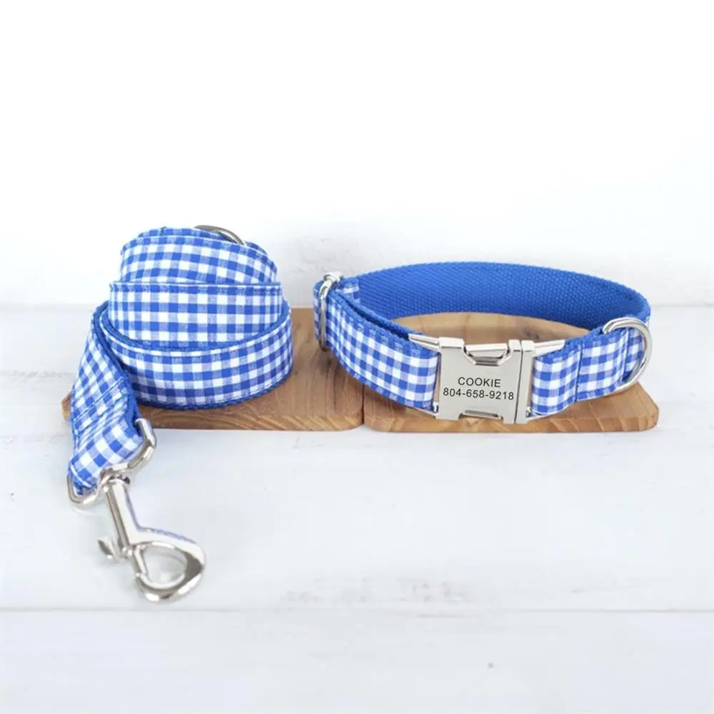 Personalized Dog Collar Customized Engraving Pet Collars ID Nameplate Tag Pet Accessory Blue White Plaid Puppy Collars Leash