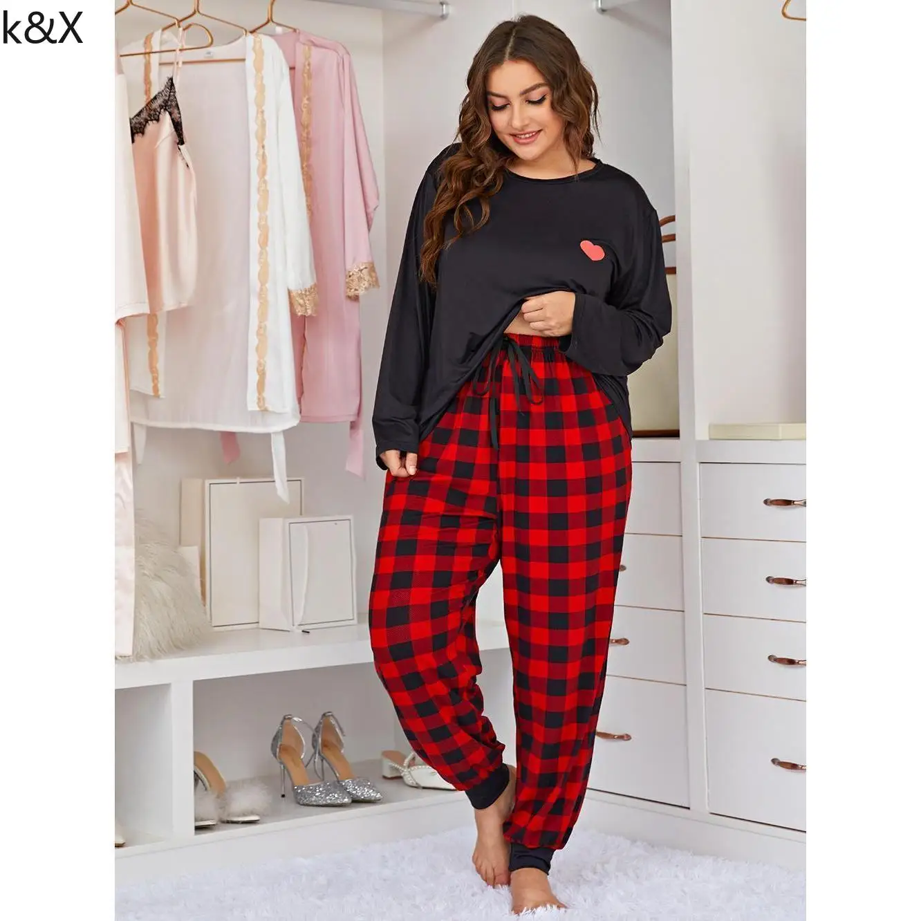 Pants Suit Plus Size Two Piece Set 4xl Pyjamas Plaid Bottoms Sleep Wear Women Long Sleeve Pajama Elastic Waist Pant Sets