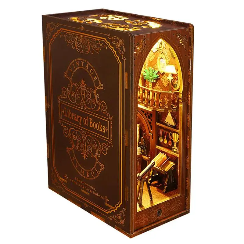 

Book Miniature Kit Bookshelf Insert 3D Wooden Puzzle Decorative Bookend Stand With LED Light DIY BookModel Kits For Teens Women