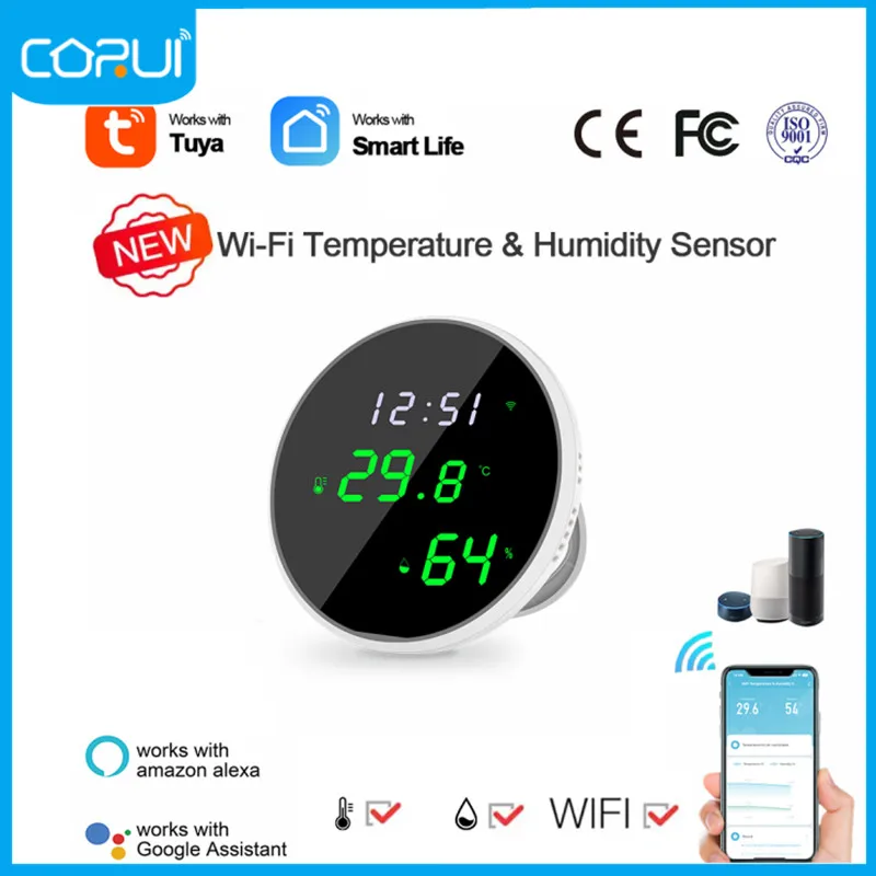 

Corui Tuya датчик температуры и влажности Умный дом WiFi ЖК-экран дисплей сигнализация Push Рабочая с Alexa Google Assistant