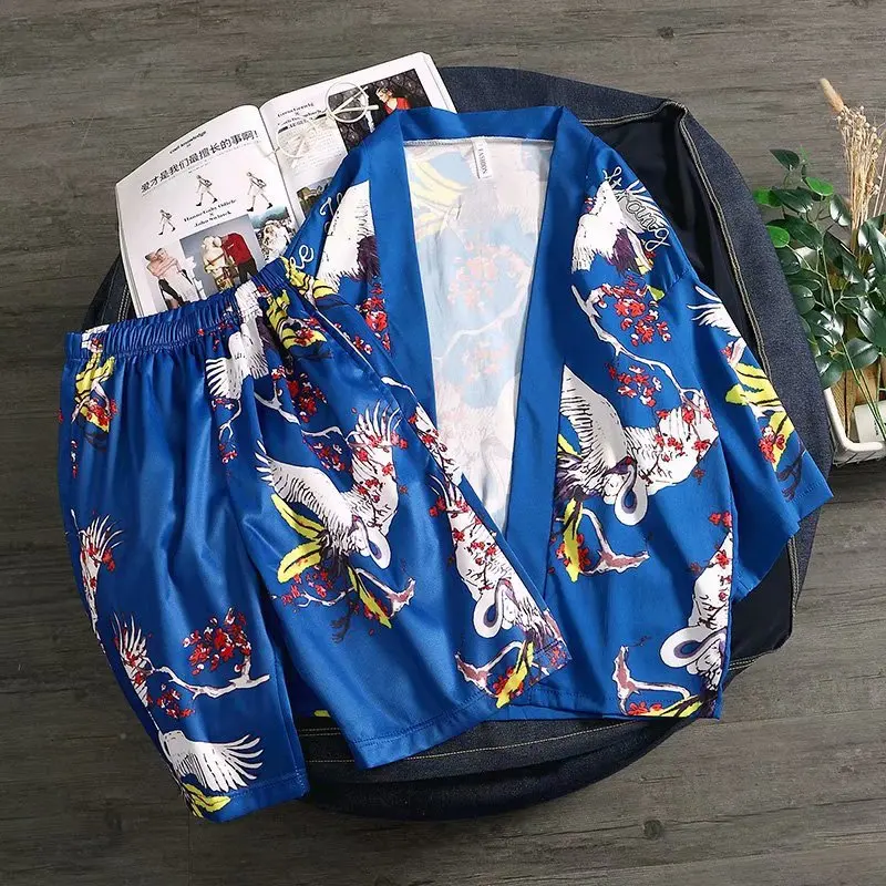 2PCS Cotton Men Robe Pajamas Sets Half Sleeve Kimono Robe&Shorts Thin Summer Print Crane Home Bathrobe Casual Loose Sleep Suit
