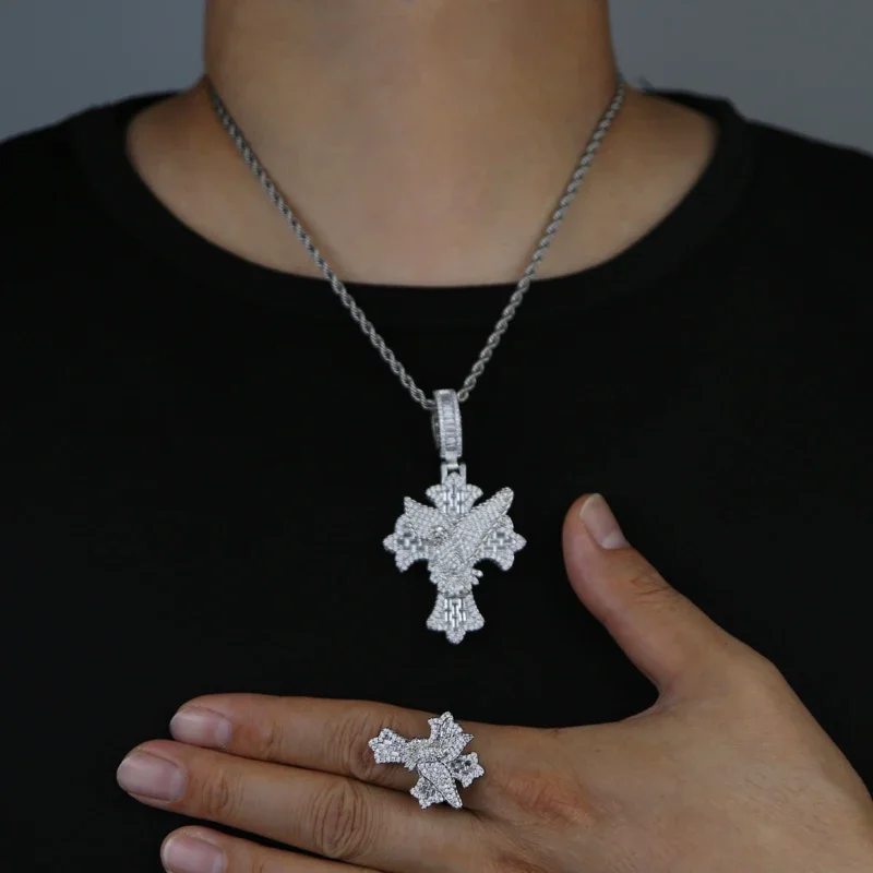 2024 ожерелье с крестом Iced Out Peace Dove для мужчин зубец кубический цирконий блестящий