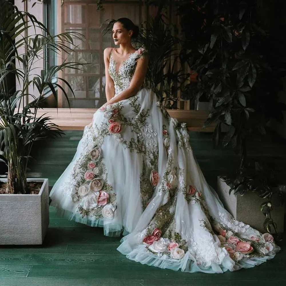 

Garden 3D Lace Flowers Prom Dresses Modest Long Bride Dress for Photo Shoot Fully Florals Bridal Gowns Evening Party Wear