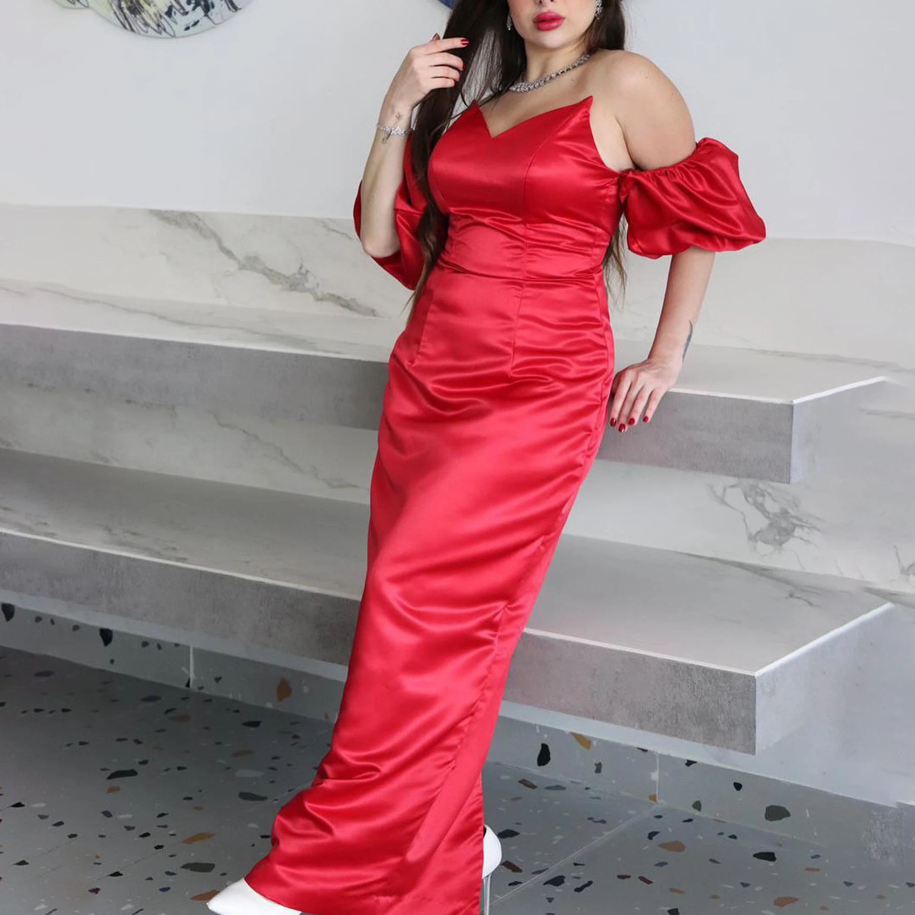 

GIOIO V-Neck Luxury Formal Evening Dresses Pleat Short Sleeves فساتين سهرة Ankle Length Simple Elegant Prom Gowns Party Women