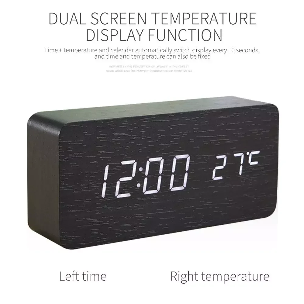 

2023NEW USB Charging Digital Thermometer Clock Alarm Clock Digital Alarm Clock Sounds Control Multi-Function LED Wooden