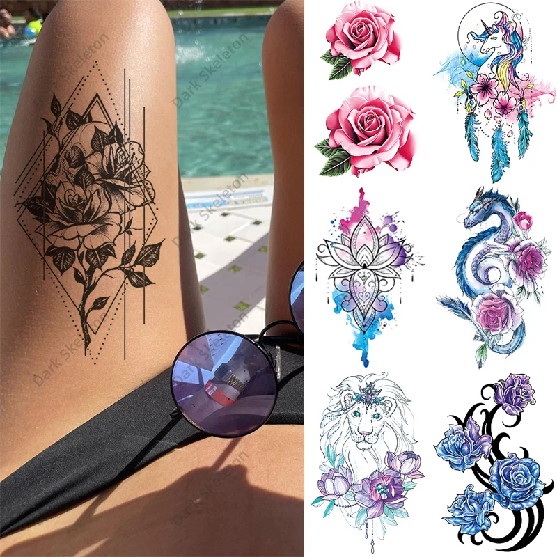 Цветок Роза вспышка искусственная Татуировка змея Единорог бабочка Временная