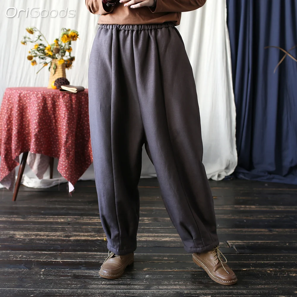 Женские зимние штаны из хлопка и льна X098 свободные утепленные флисовые брюки с