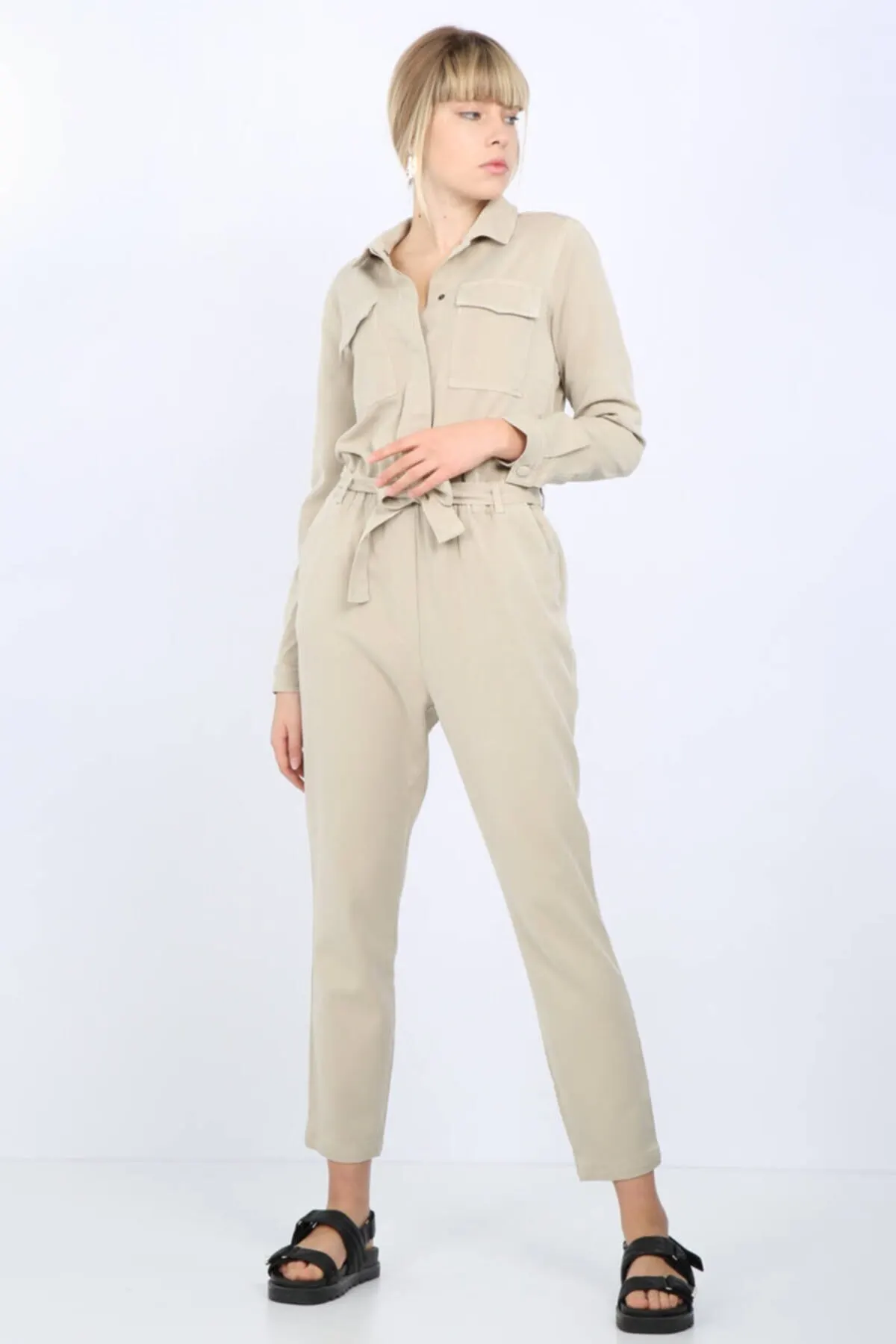 

Women's Overalls Stone Pocket Belted Jumpsuit Hot Style Quality Fabric Sleeveless Baggy Trousers Casual Jumpsuit