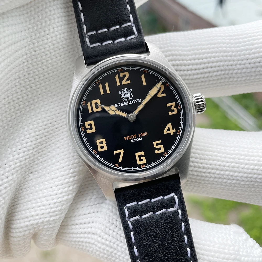 

Steeldive SD8103 39mm Pilot Men Watch Leather Strap Ronda762 Quartz Sapphire Crystal 200M Dive Brand Vintage Military Watch