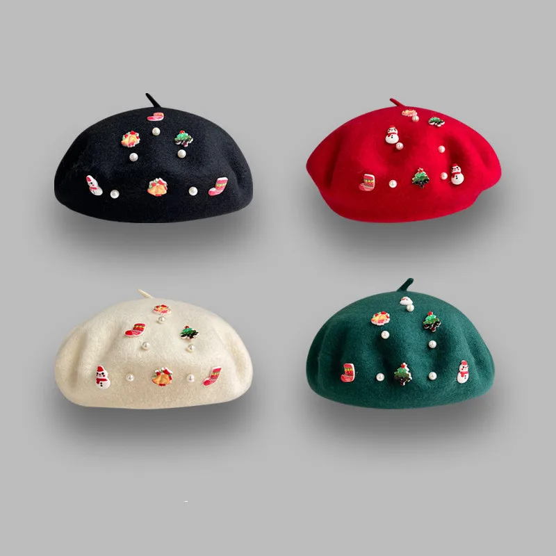 

2022 зимний новогодний красный Рождественский берет, модный теплый берет для вечеринки, Женская шерстяная шапка художника, берет, шапка