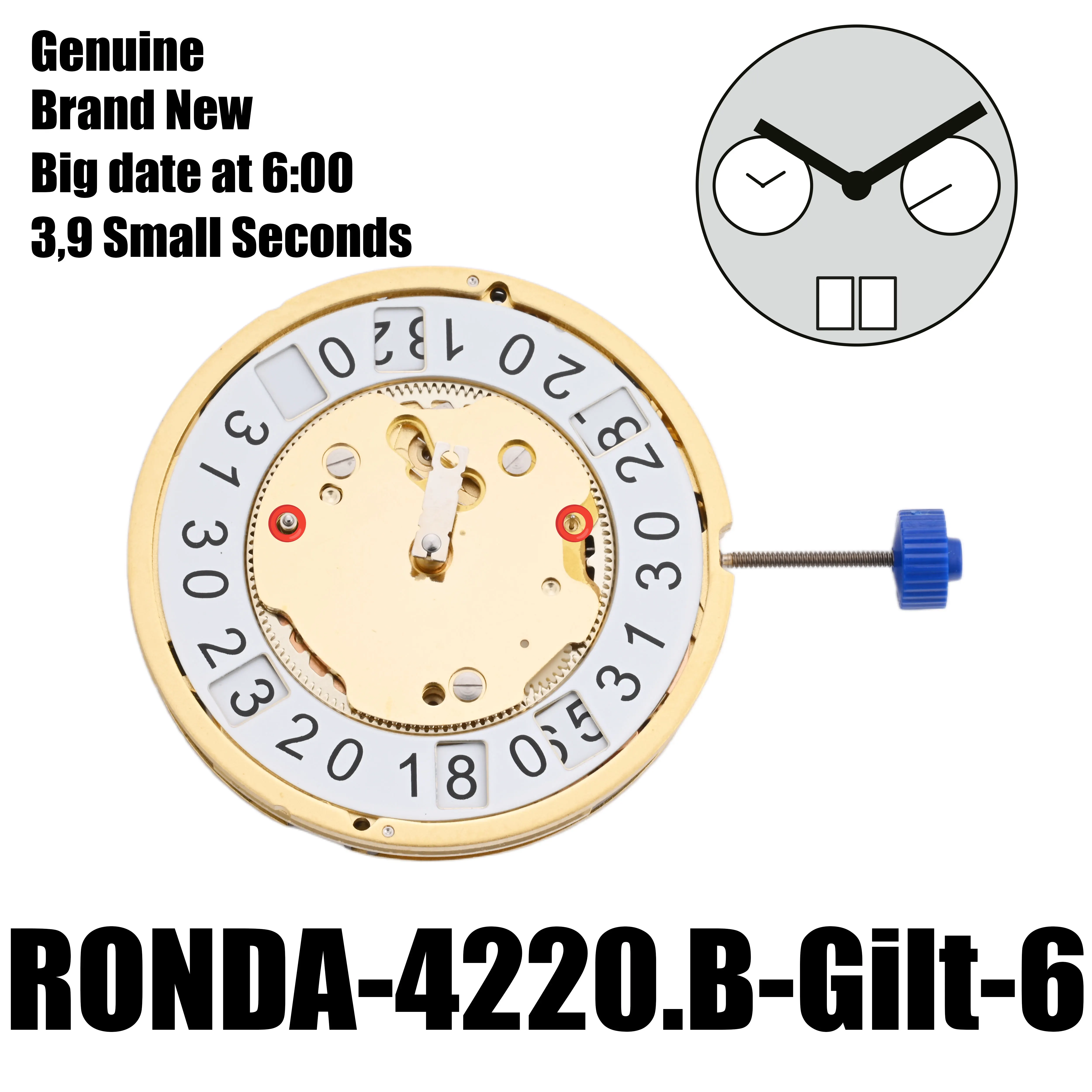 Механизм 4220B Швейцарский Ronda 4220.B Большая дата на 6:00 Семи драгоценных камней Плюс