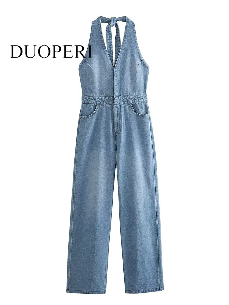 

Комбинезон DUOPERI женский джинсовый, модный винтажный комбинезон со скрытым рядом пуговиц, с лямкой на шее, без рукавов, шикарный наряд синего цвета