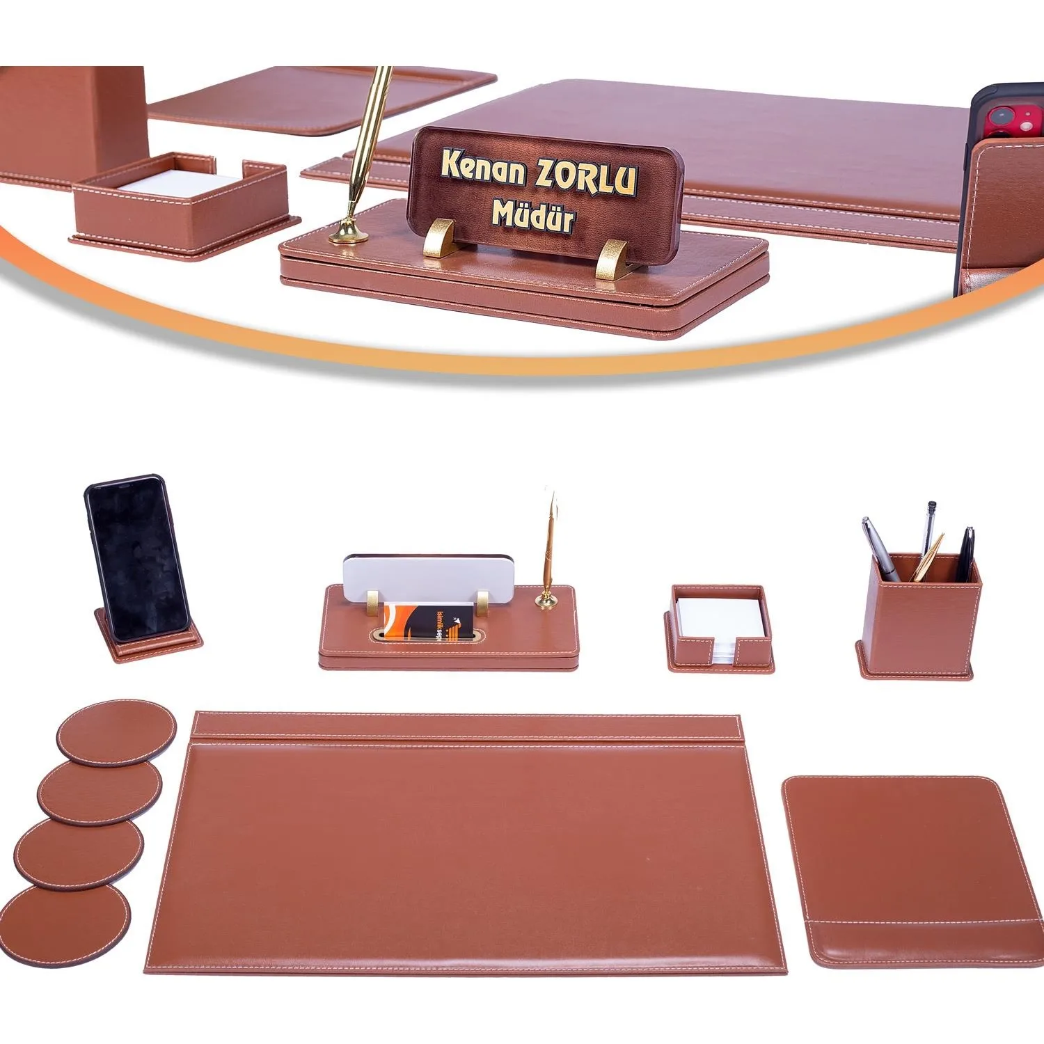 Tan Alaska Leather Desk Set Table İsimliği Gift Sümen Set Embossed Printed Table Layout Suitable For Quality İsimlik Sepeti