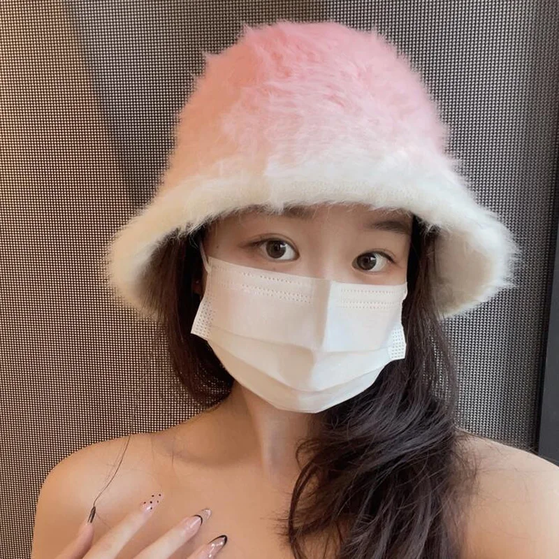 

Панама из кроличьего меха с градиентом для женщин, теплая плюшевая шляпа для рыбалки с небольшим лицом и защитой ушей