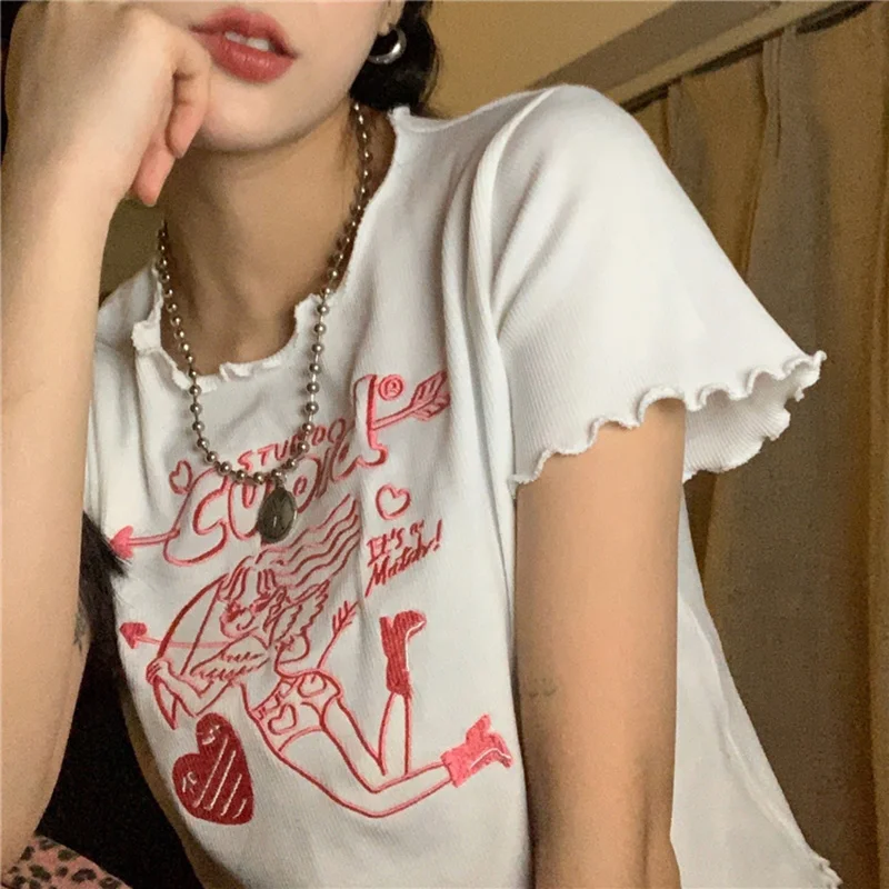 

Woen Tshirt Sexy Crop Top Tees Angel Print Tops Harajuku Kawaii Suer Short Sleeve 90s Streetwear Vintage Feale Clothing