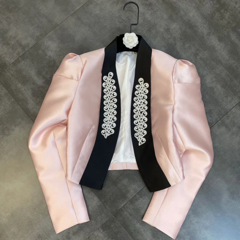 

Fall 2022 Winter Long Sleeve V Neck Open Stitch Diamonds Flower Pink Slim Blazer Women Short Jacket GC504