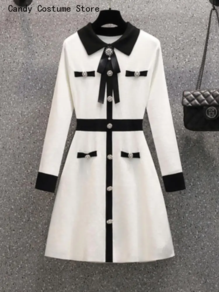

Knitted Sweater Dress Small Fragrance Fall Winter Women Bow Tie Buttons Vintage Party Mini Dress Elegant Casual Chic Robe Femme