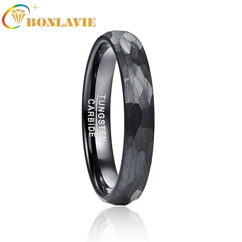 

BONLAVIE 4mm Black Tungsten Carbide Ring For Men Women Multi-Faceted Hammered Brushed Finish Wedding Band Comfort Fit