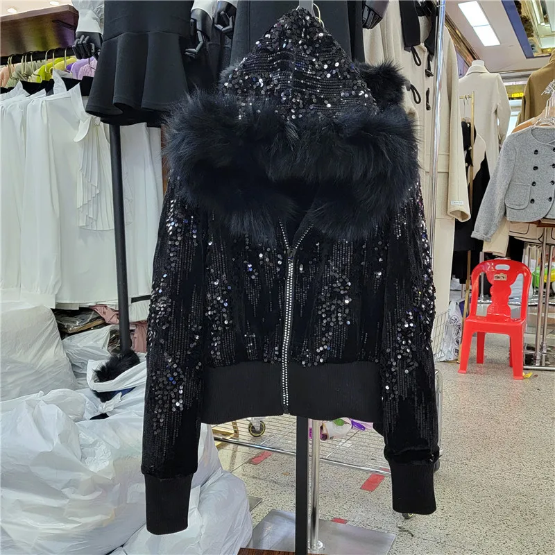 KoHuiJoo Sequins Design Velvet Jacket Woman Plush Short Cotton Padded Coat Warm Winter Clothes Womem Hooded Fur Collar Oversize