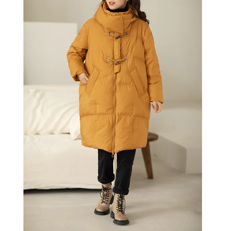 2022 New Down Jacket Women Fashion All-match Hooded Solid Color Warm Warm Mid-length White Duck Down Jacket