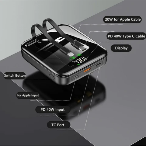 30000 мАч Mini Power Bank Внешний аккумулятор PD 40 Вт Powerbank с быстрой зарядкой для iPhone 15 14 Xiaomi Samsung Poverbank с кабелем