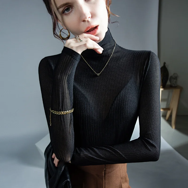 

#6292 Black High Collar Long Sleeved Autumn Winter Bottom T Shirts Women Female Elegant Tight Sexy Basic Tops Lace See Through